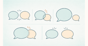 重なり方の異なる吹き出しを並べ、会話のパターンを比較する図