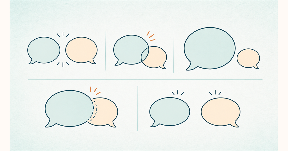 重なり方の異なる吹き出しを並べ、会話のパターンを比較する図